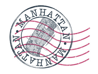 Manhattan, New York, NY, USA Stamp Map Postal. Silhouette Seal Roads and Streets. Passport Round Design. Vector Icon. Design Retro Travel National Symbol.