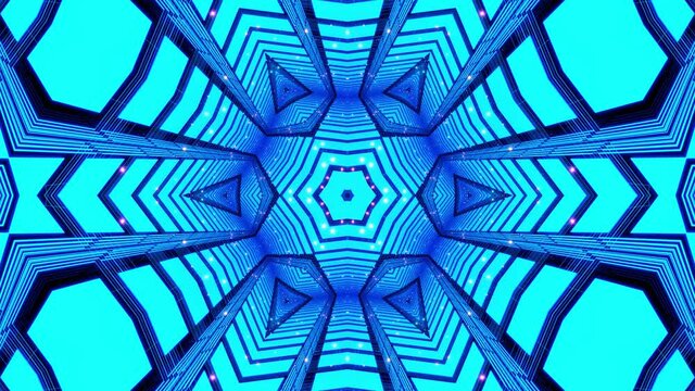 vj abstract kaleidoscope background with simple shapes periodic pattern. Hologram complex pattern as kaleidoscope. Neon light or glow blue color gradient. Lines and simple form. Star simmetry.