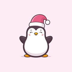 Cute kawaii Christmas penguin wearing Santa hat vector cartoon illustration