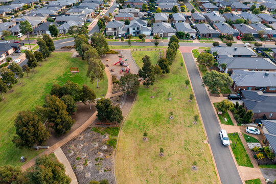 Aerial view of a small suburban park amongst housing