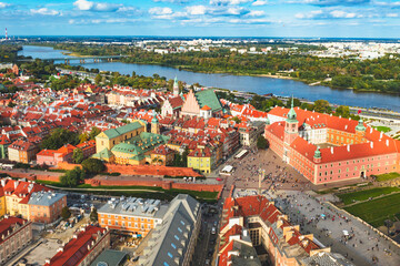 Warsaw old town during sunset, aerial view
