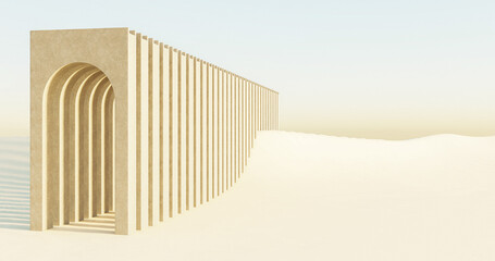 3d illustration, 3d rendering. Path under concrete arches in desert.