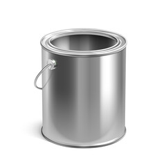 Paint Empty Bucket Package With Handle Vector. Blank Stainless Paint Container For Storaging Color Painting Liquid. Painter Accessory For Drawing And Renovate Template Realistic 3d Illustration