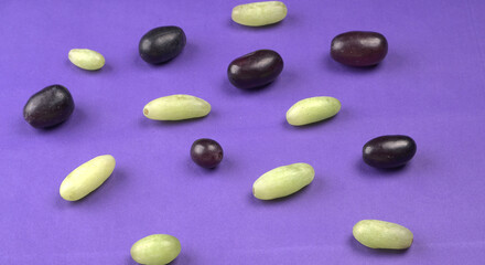 Natural organic different types of fresh ripe juicy grapes and space for text on table. top view, Agriculture concepts.