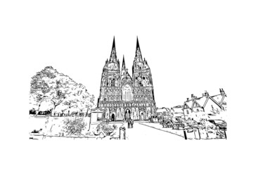 Building view with landmark of Lichfield is the 
city in England. Hand drawn sketch illustration in vector.