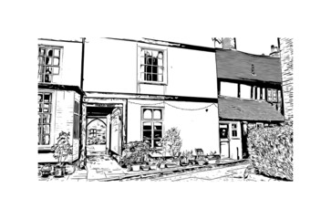 Building view with landmark of Lichfield is the 
city in England. Hand drawn sketch illustration in vector.