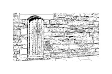 Obraz premium Building view with landmark of Lichfield is the city in England. Hand drawn sketch illustration in vector.