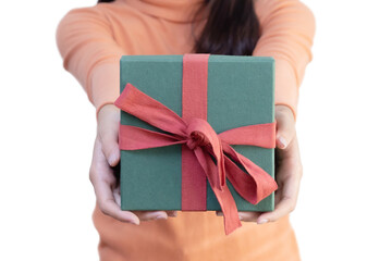 Close Up on Asian Woman Hand Holding Green Present Box on White Background