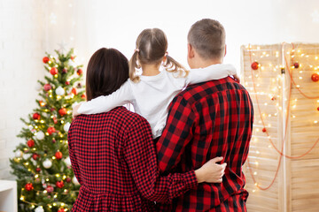 Back view of family near Christmas tree