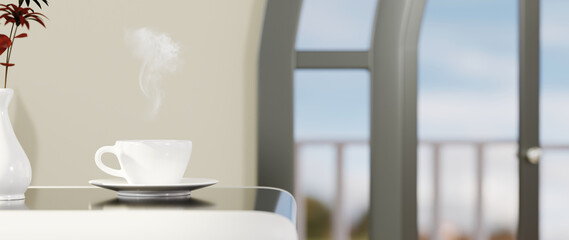 3D render of coffee cup with smoke on house or office blur background.