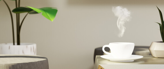 3D render of coffee cup with smoke on house or office blur background.