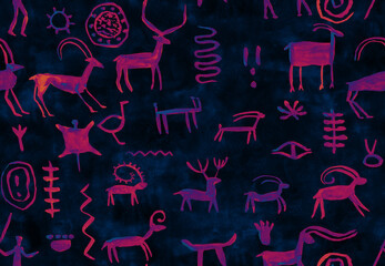 Imitation of hand drawing in cave painted by an ancient man on a rock wall. Hunting for deer, animal. Shaman, aboriginal, neanderthal, roe, ram,  mammoth, hunter, deer. Seamless pattern