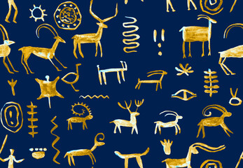 Imitation of hand drawing in cave painted by an ancient man on a rock wall. Hunting for deer, animal. Shaman, aboriginal, neanderthal, roe, ram,  mammoth, hunter, deer. Seamless pattern