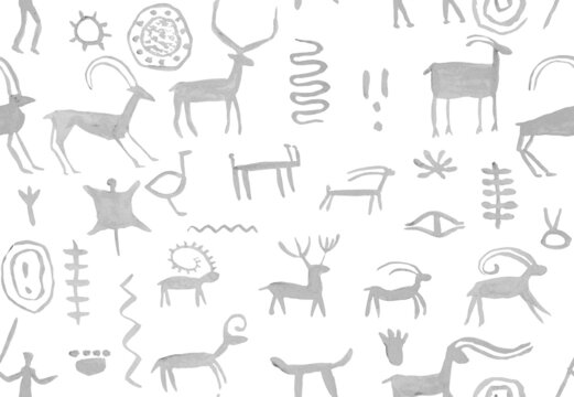 Imitation of hand drawing in cave painted by an ancient man on a rock wall. Hunting for deer, animal. Shaman, aboriginal, neanderthal, roe, ram,  mammoth, hunter, deer. Seamless pattern