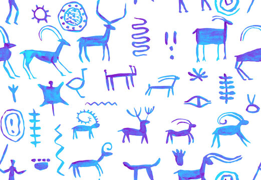 Imitation of hand drawing in cave painted by an ancient man on a rock wall. Hunting for deer, animal. Shaman, aboriginal, neanderthal, roe, ram,  mammoth, hunter, deer. Seamless pattern