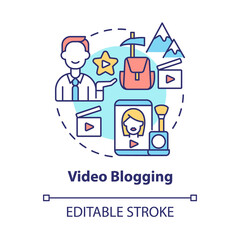 Video blogging concept icon. Way to make money online abstract idea thin line illustration. Recording video logs. Educational and travel vlogs. Vector isolated outline color drawing. Editable stroke