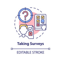 Taking surveys concept icon. Making money online approach abstract idea thin line illustration. Answering questions in exchange for payment. Vector isolated outline color drawing. Editable stroke