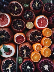 Juice bar background concept. Fresh exotic fruits wall Juicing Fresh Pomegranates At Farmers Market Stall