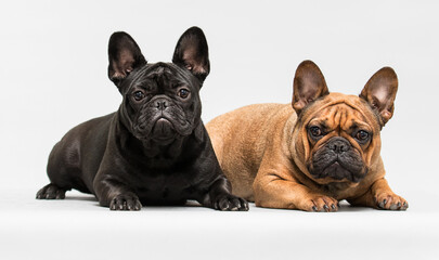 two bulldog dogs on lie on a gray background
