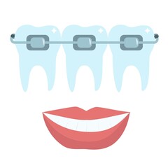 Vector illustration of teeth with braces and healthy smile. Dentistry illustration.