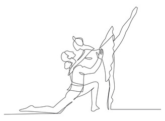 Couple ballet dancers one line continuous drawing vector illustration. Monochrome hand drawn design