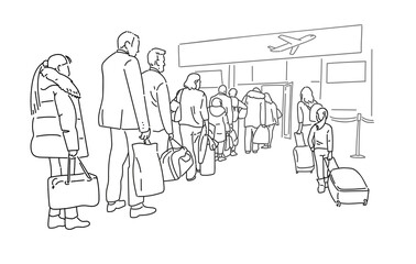 Fototapeta na wymiar People passengers at queue to airport entrance thin line vector illustration
