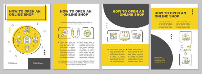 How to open online retail business brochure template. E commerce. Flyer, booklet, leaflet print, cover design with linear icons. Vector layouts for presentation, annual reports, advertisement pages