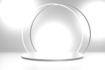 3d render of silver podium on a white background with white neon arch ring and light circles