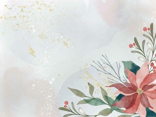Watercolor winter background with plants, branches, berries and splashes. Christmas pre-made scene