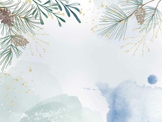 Watercolor winter background with plants, branches, berries and splashes. Christmas pre-made scene