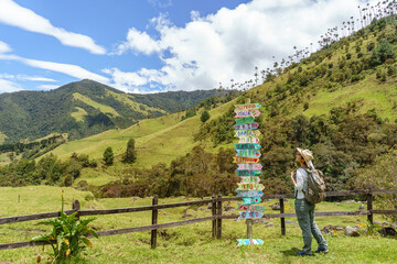 Woman standing near signpost in nature