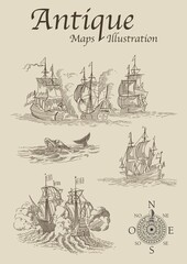 ANTIQUE MAP VECTOR - 1592 - Antique Ship and compass