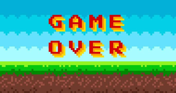 Animation of 'Game over' text on 8 bit game background. Gaming controller, symbols set. Pixel picture with sky, clouds, ground and grass. 4k video animated.