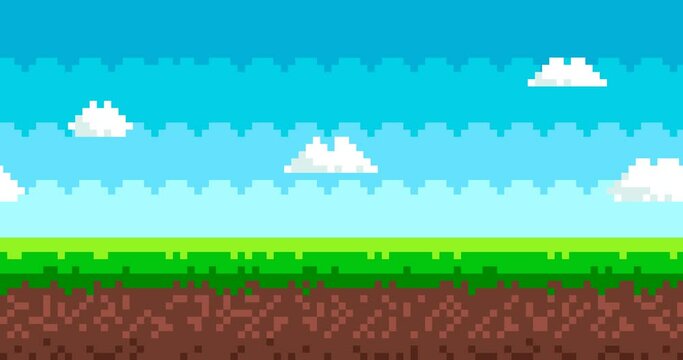 Pixel art game background animation. Vector 8 bit picture with sky, moving clouds, ground and grass. Landscape for game or apps. Gaming controller.