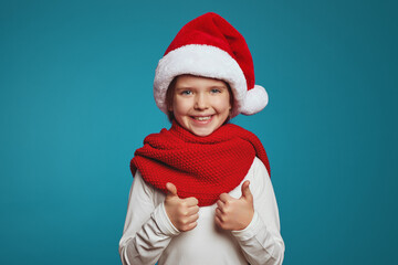 Cheerful little girl wearing christmas hat and red scarf, showing thumbs up while standing isolated over blue background 