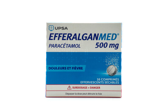 Mulhouse - France - 25 November 2021 - Closeup of efferalgan paracetamol packaging by upsa on white background