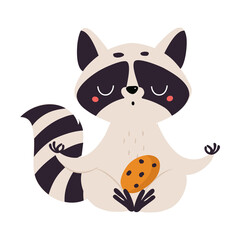 Fototapeta na wymiar Cute Raccoon Character with Ringed Tail Sitting in Lotus Pose with Cookie Vector Illustration