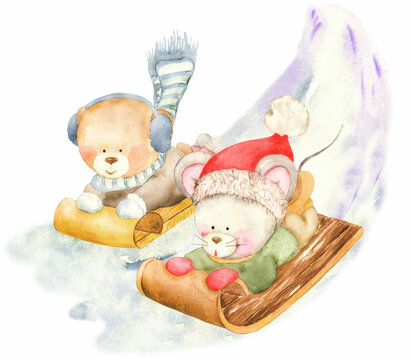 Cute animals sledding downhill. Great for printing, web, textile design, souvenirs.
