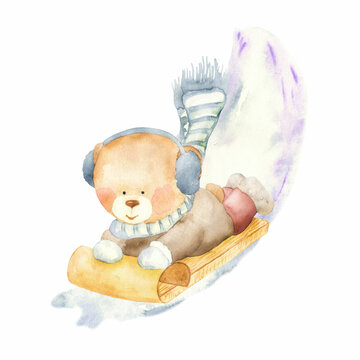 A cute bear cub is rolling on a sled. Perfect for printing, web, textile design, souvenirs.