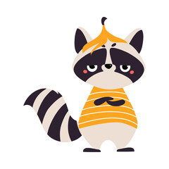 Fototapeta na wymiar Cute Raccoon Character with Ringed Tail Wearing Striped Sweatshirt with Banana Peel on Its Head Vector Illustration