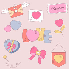 Set of Elements for Valentine's Day.  Heart, letter, message, love, coupon, box of chocolates.