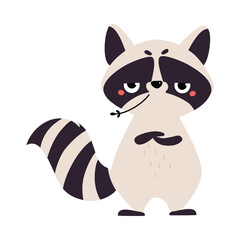Fototapeta premium Cute Raccoon Character with Ringed Tail Standing and Chewing Grass Blade Vector Illustration