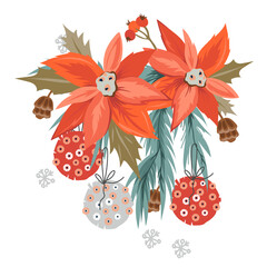 Christmas  spruce tree branch with  Poinsettia flower and plant elements, flat vector illustration isolated on white background. Xmas and New Year decor  for holiday greeting cards and invitation. 