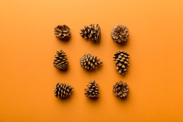 pine cones on colored table. natural holiday background with pinecones grouped together. Flat lay. Winter concept