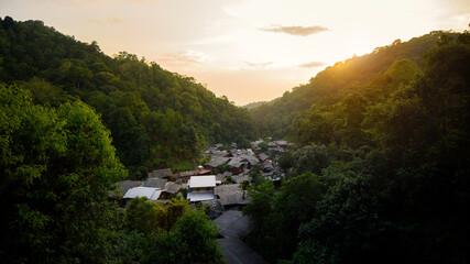 landscape of Mae Kampong mountain village in deep forest at sunset, Chiang Mai, Thailand