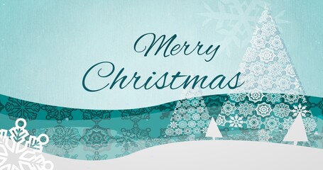Digital composite image of christmas trees and greeting card text with on blue background