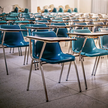 Interior of an empty school classroom , Quarantine during coronavirus covid-19 pandemic outbreak concept