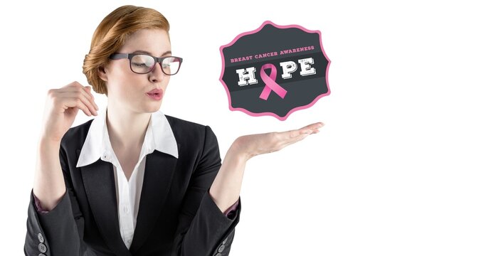composition of smiling woman with pink ribbon logo and breast cancer text on white background