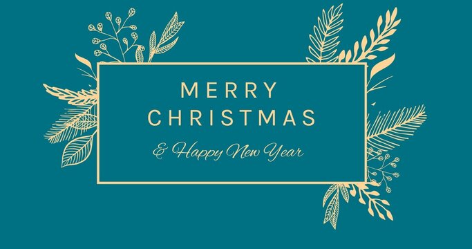 Digital composite image of merry christmas greeting card with twigs on blue background