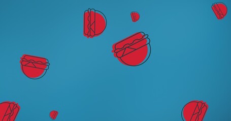 Multiple image of red american hamburger sandwiches against blue abstract background